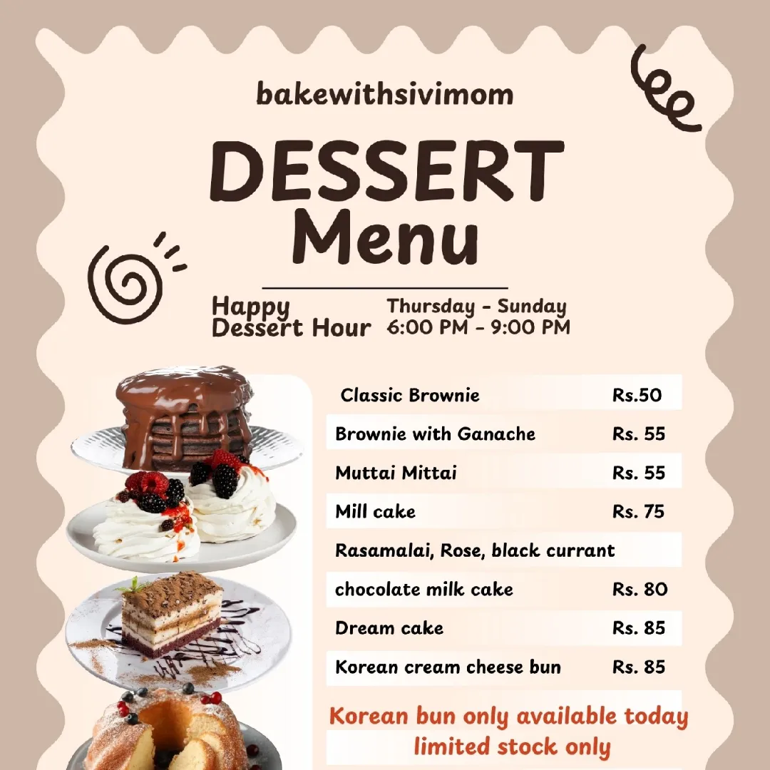 Menu in stall every Thursday to Sunday at bakewithsivimom