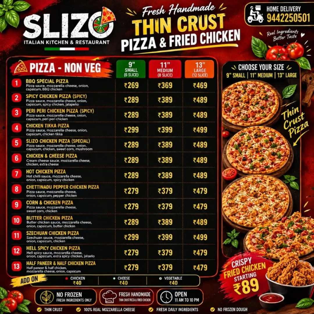 non veg pizza menu at slizo pizza
